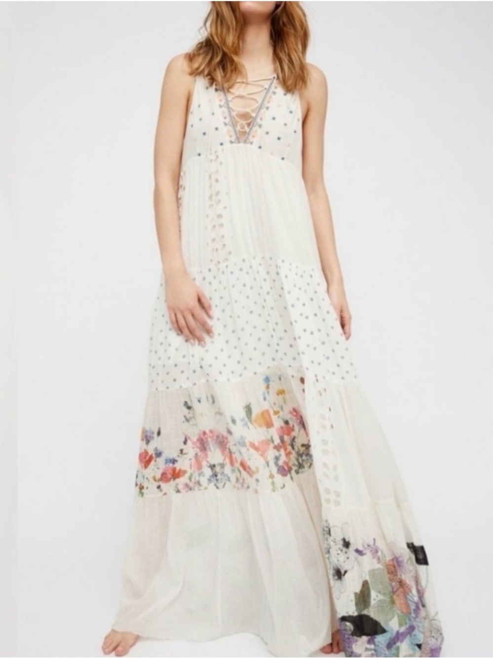 Free People ‘Hera’ Maxi Dress White Floral  Dress with Lace-Up V-Neck